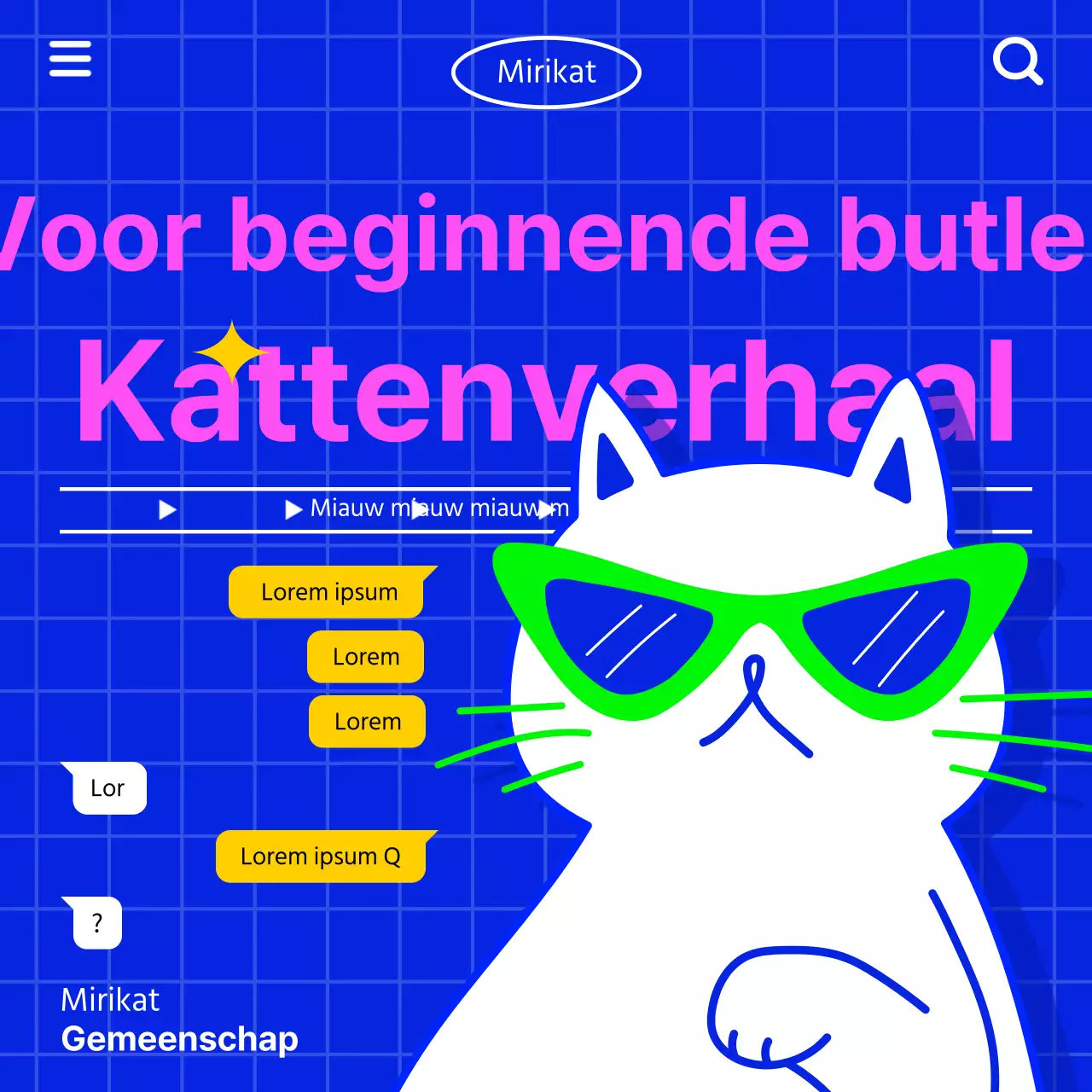 Communiceer katteninformatie met een retro internetgevoel met een witte kattenillustratie op een blauwe achtergrond