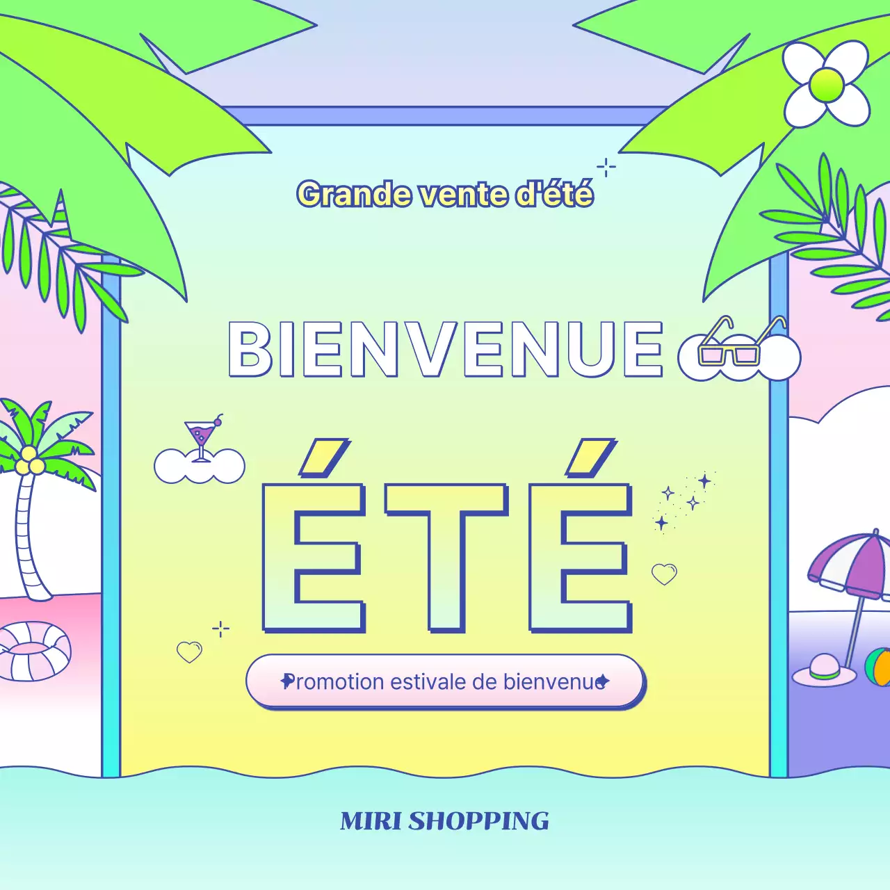 Annonce de promotion estivale dans les centres commerciaux en jaune tropical et bleu clair