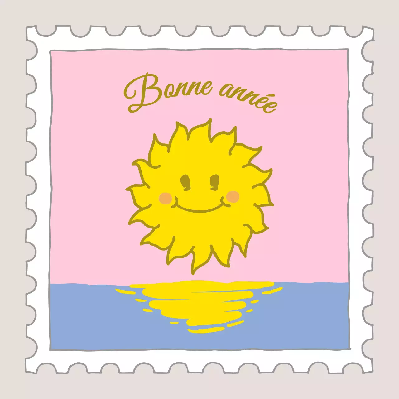 Timbre de la nouvelle année avec illustration du soleil rose et jaune
