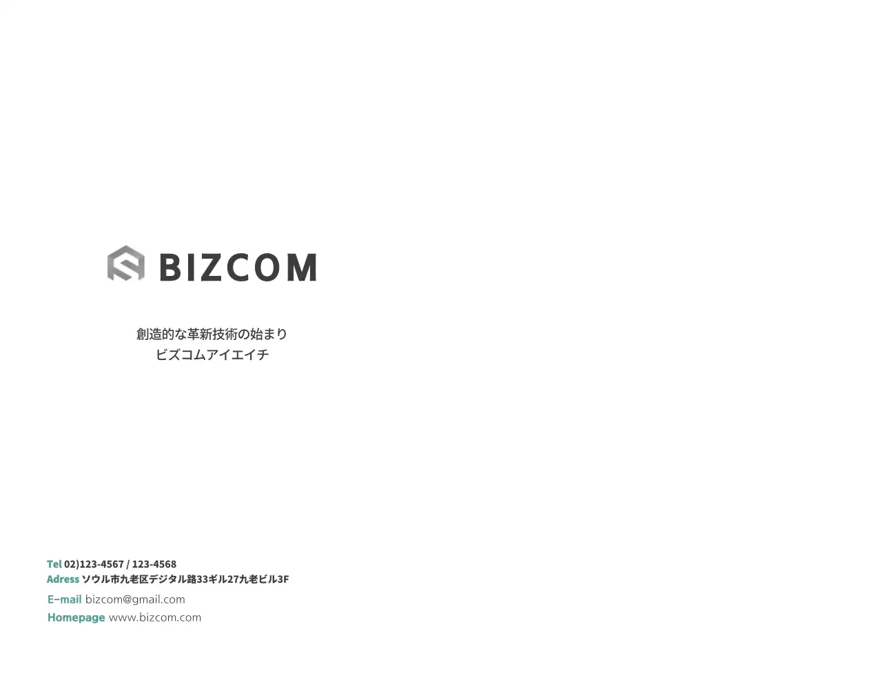 黒灰色のテキストとイラストで構成されたシンプルなビズコムの会社広報用。