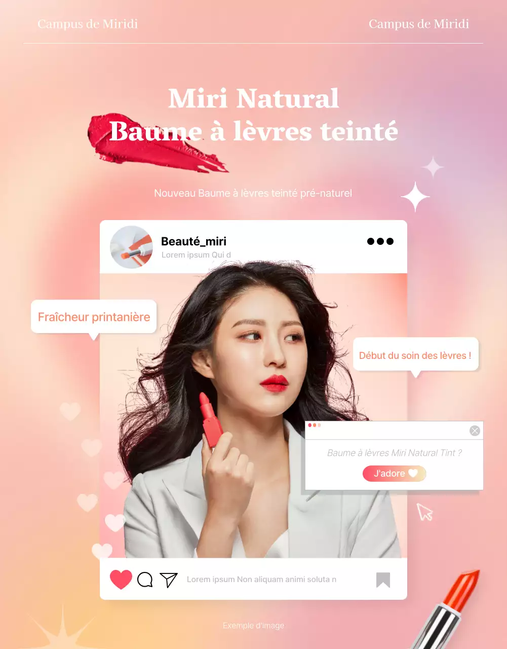 Page de lancement beauté mettant en avant des modèles de rouges à lèvres roses et concept Instagram.