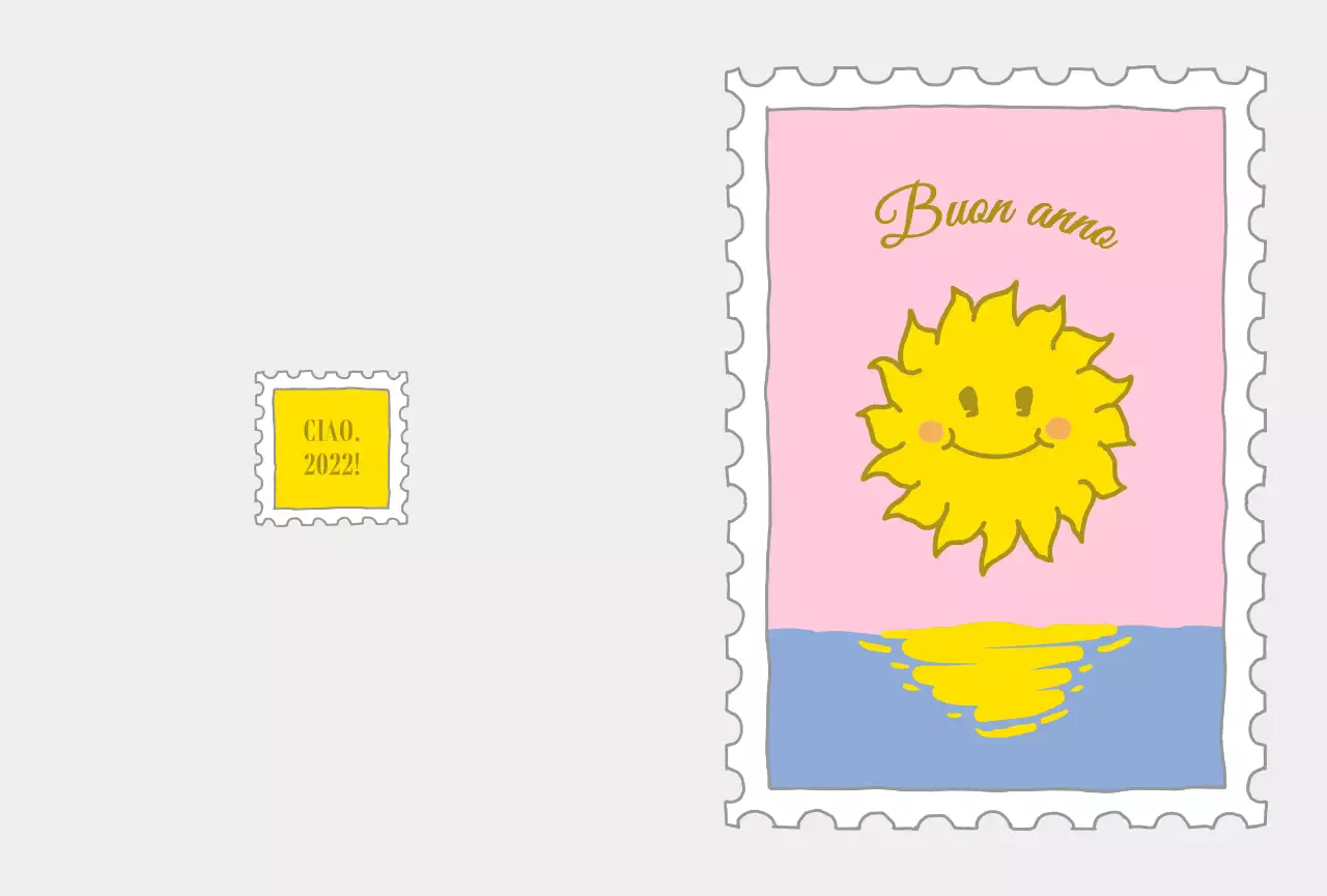 Francobollo di Capodanno con una simpatica illustrazione del sole rosa e giallo