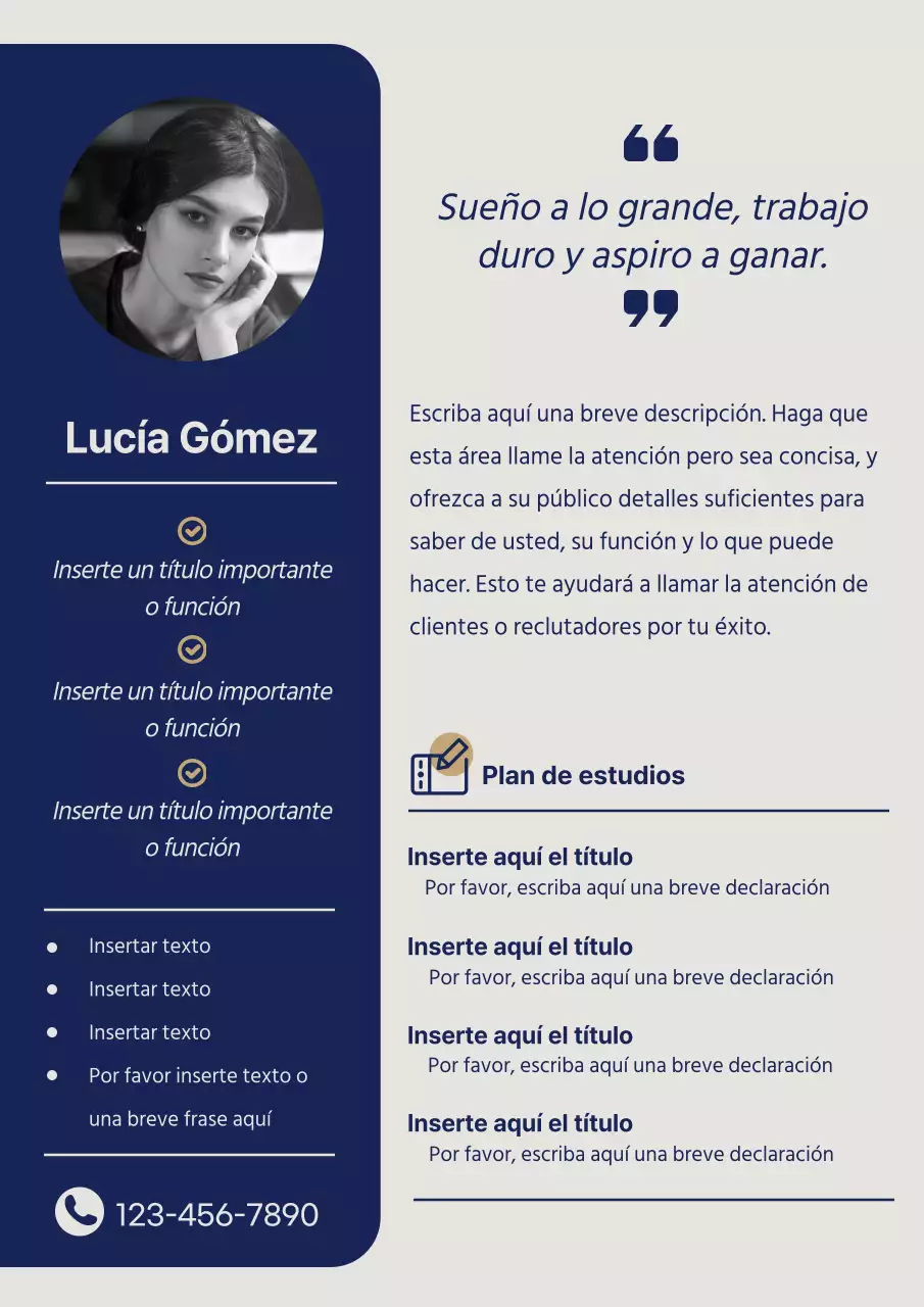 Curriculum vitae de instructor básico en azul marino y beige