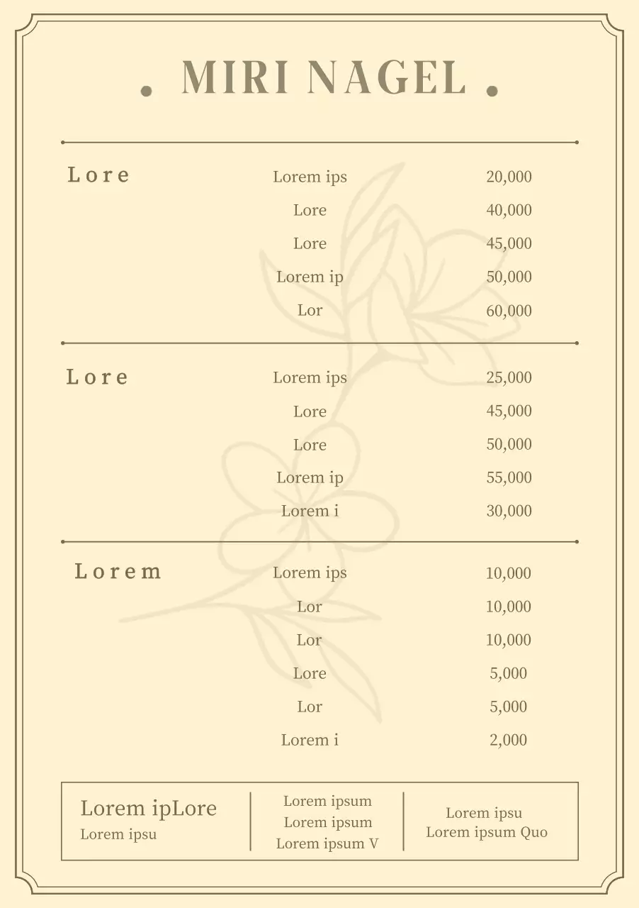 Nagel-Menü-Poster mit floraler Illustration auf einem hellbeigen Hintergrund