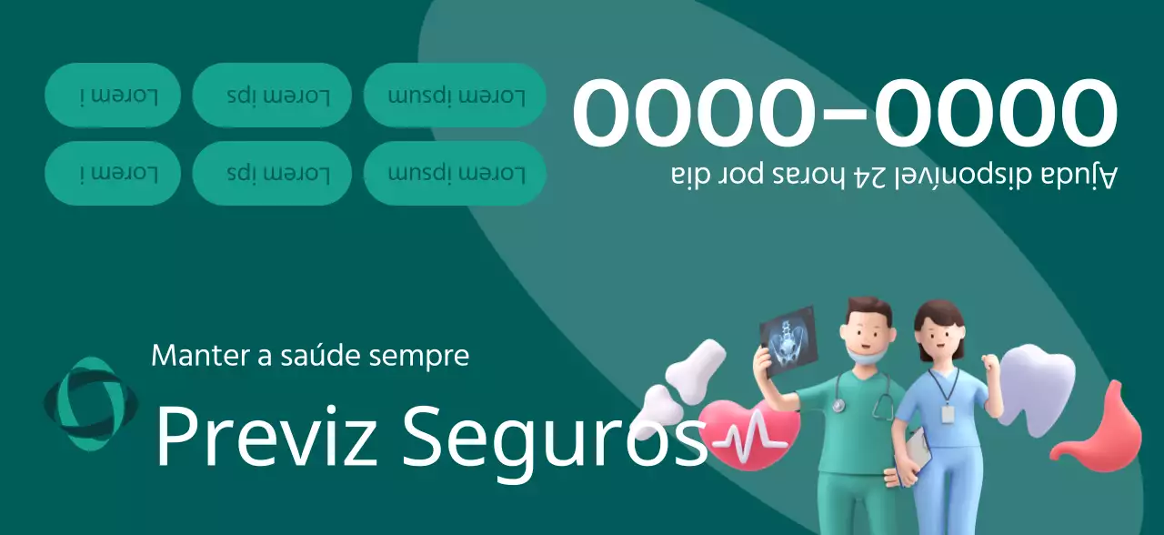Uma peça promocional de uma companhia de seguros com ilustrações 3D em tons escuros e ícones de saúde.