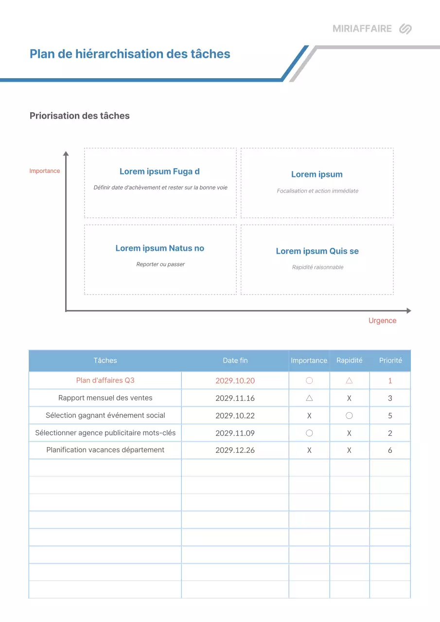 Planificateur de priorités de travail gris et bleu