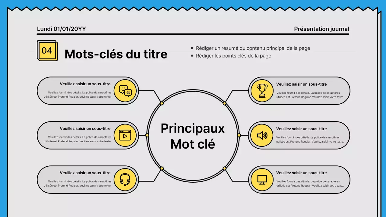 Lignes audacieuses et présentation attirant l'attention dans un concept de journal avec des couleurs d'accent jaune et bleu clair