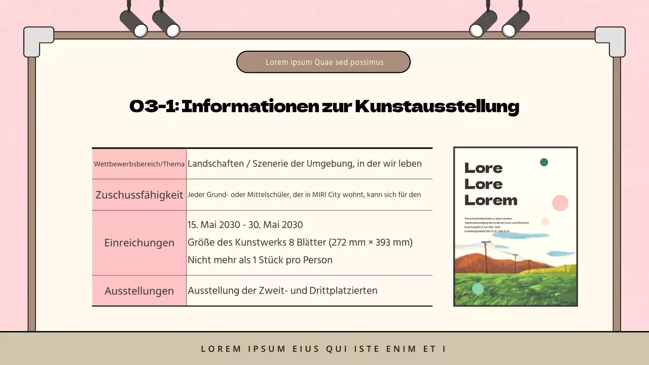 Minimalistischer Vorschlag für eine Kinderkunstausstellung in Rosa und Braun
