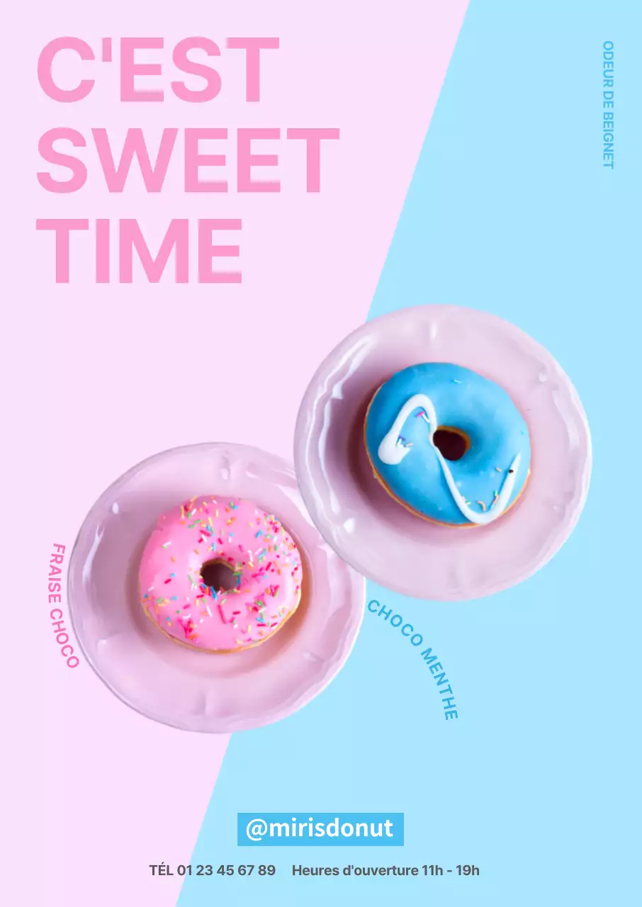 Affiche de donut coupé en deux sur fond rose et menthe