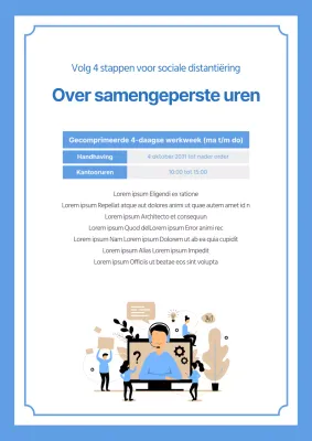 Een strakke, blauwgetinte aankondiging van minder uren met een stijlvolle illustratie