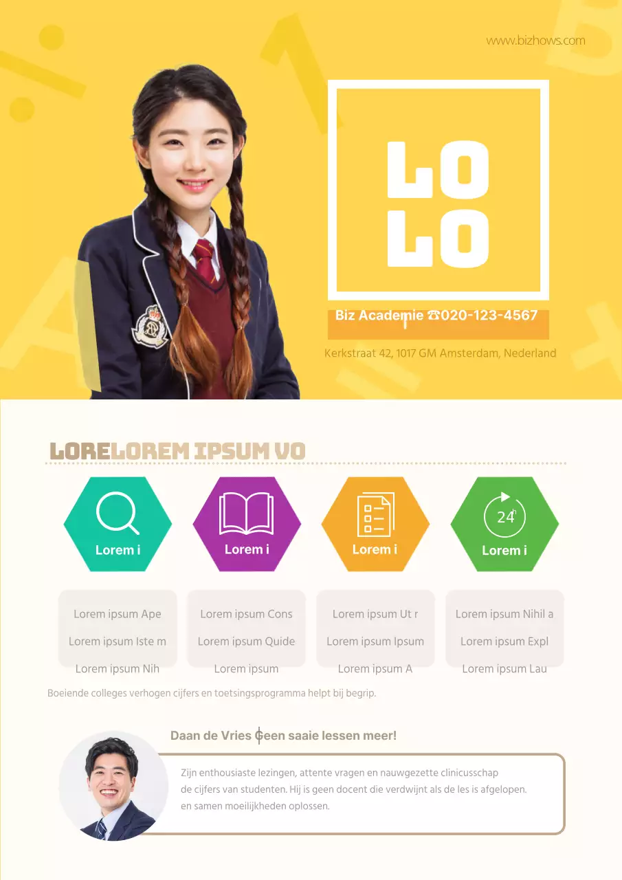 Promoot de beschrijving van je school met gele foto's van leerlingen en docenten