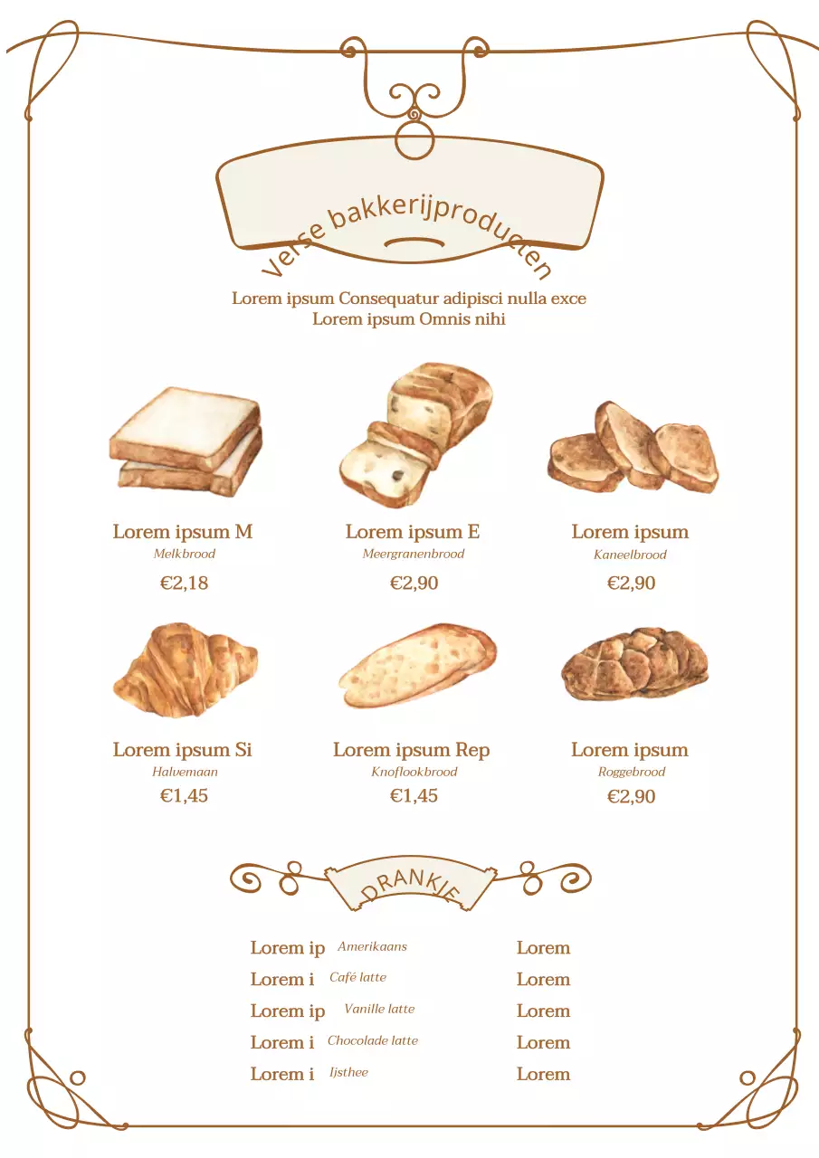 Vintage bakkerijmenu met bruine illustraties