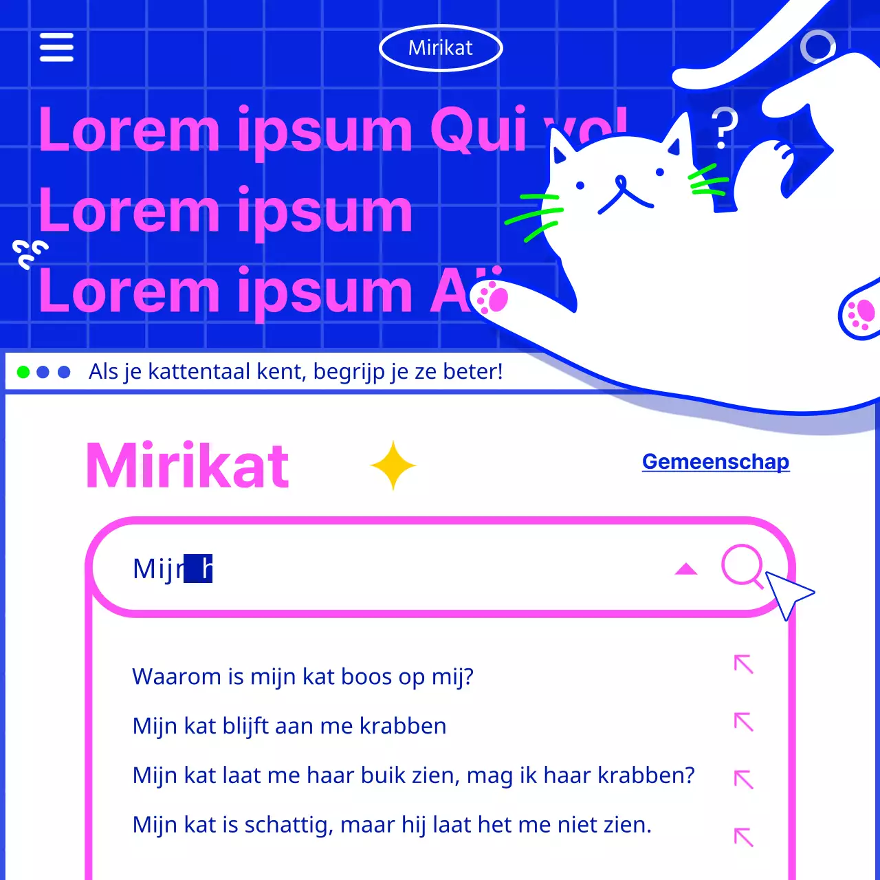 Communiceer katteninformatie met een retro internetgevoel met een witte kattenillustratie op een blauwe achtergrond