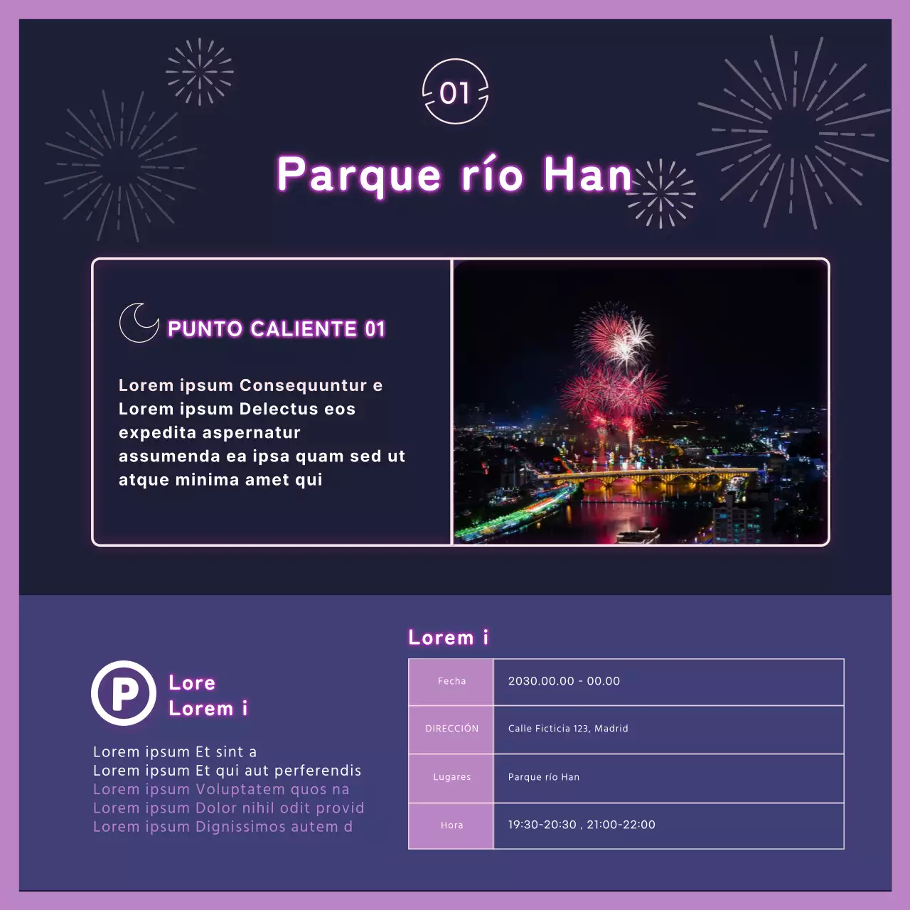 Fuegos artificiales en neón púrpura CardNews