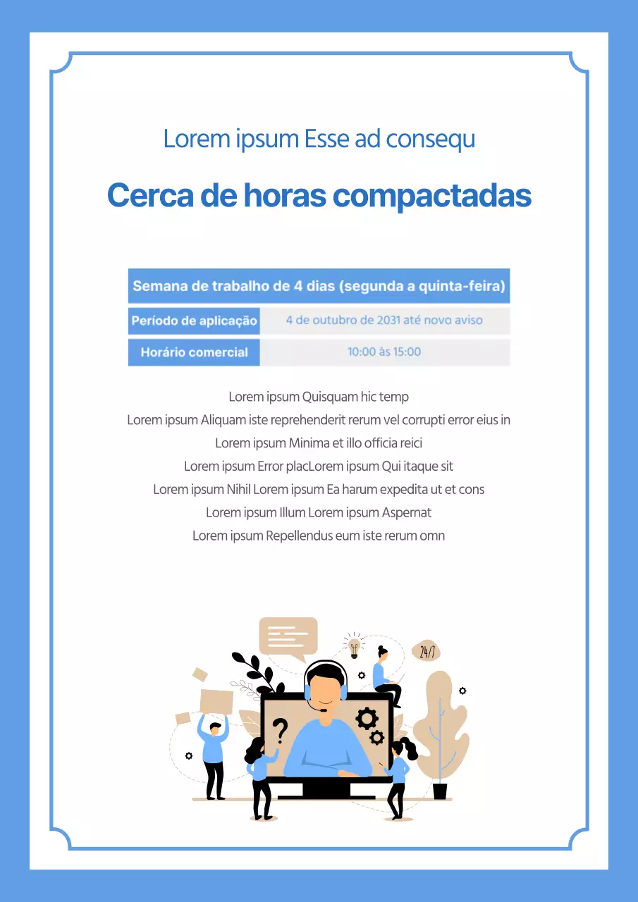 Um anúncio simples, em tons de azul, de horários reduzidos com uma ilustração elegante