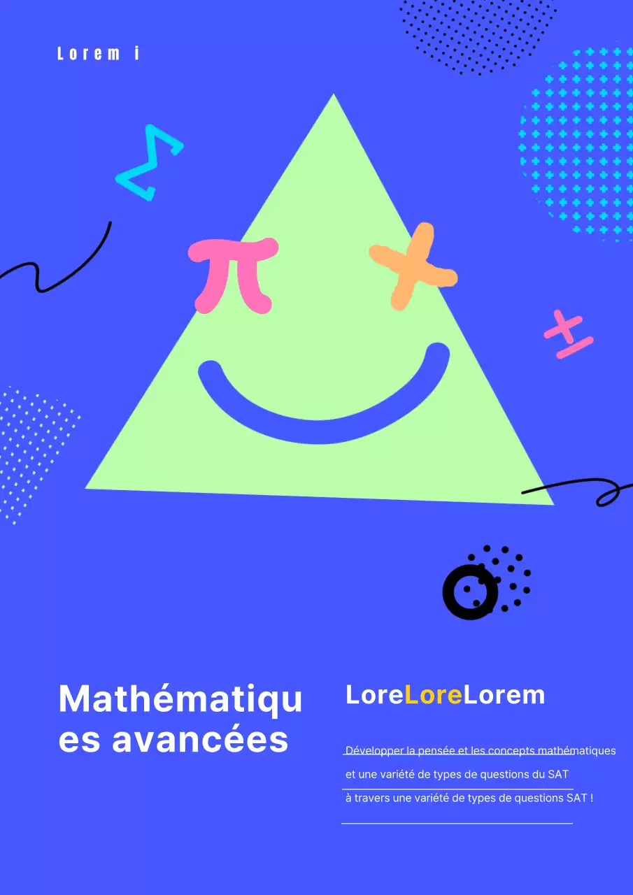 Cahier d'exercices de mathématiques pour le lycée, le collège et l'école primaire, avec des symboles mathématiques et des formes géométriques en violet, vert lime et jaune.