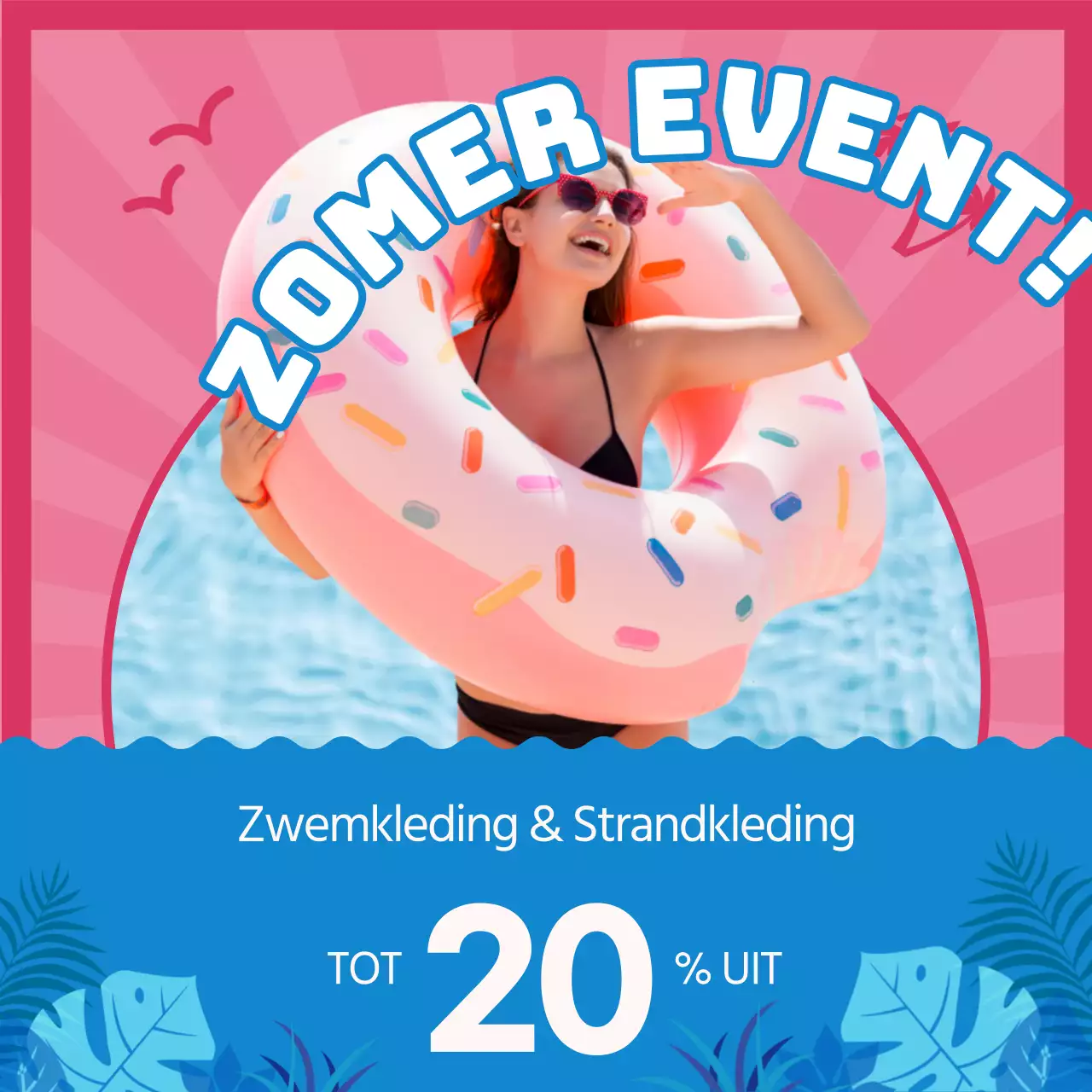 Bespaar op zomerse strandkleding, gemarkeerd door roze en blauwe foto's