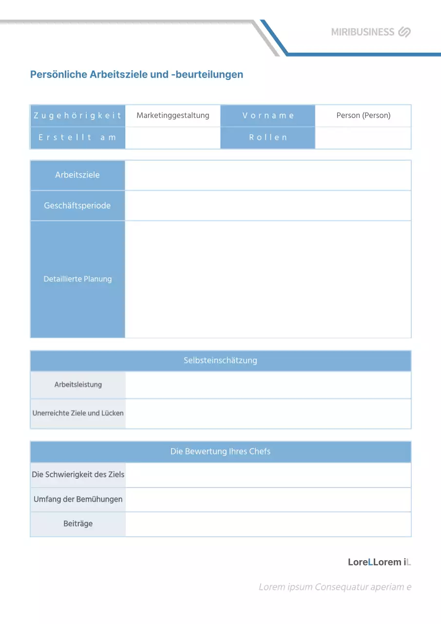 Die grau-blaue persönliche Arbeitszielbewertung