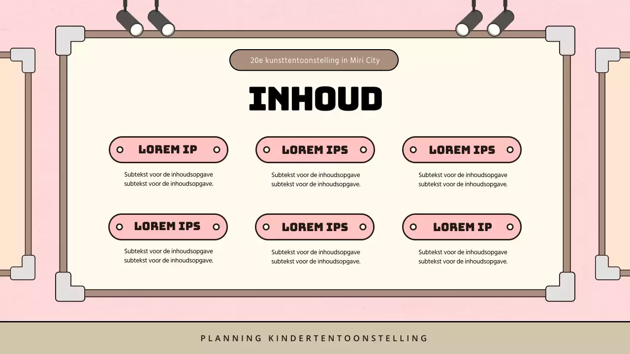 Minimalistisch voorstel voor kindertentoonstelling in roze en bruin