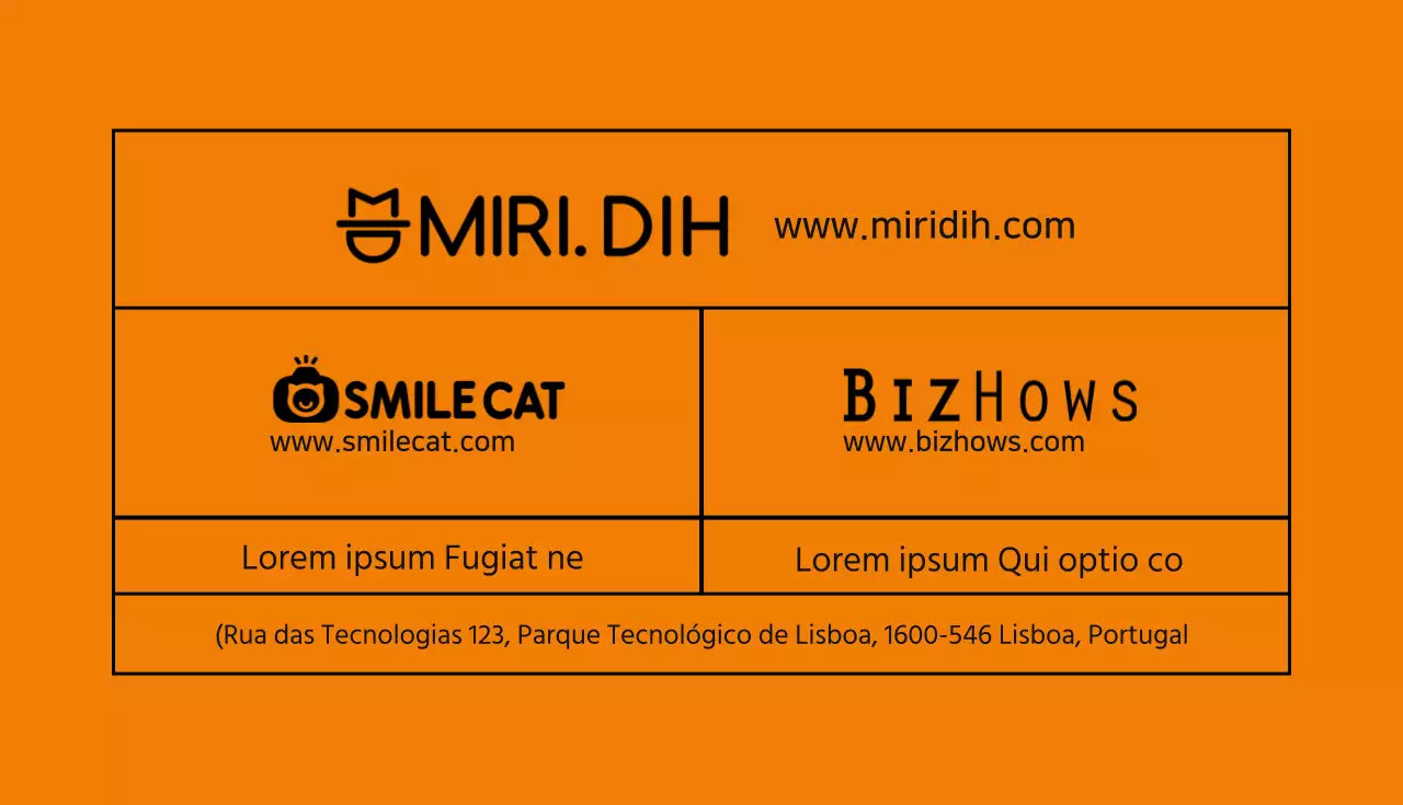 Cartão de visita de designer com um design simples, com texto e linhas em laranja e preto