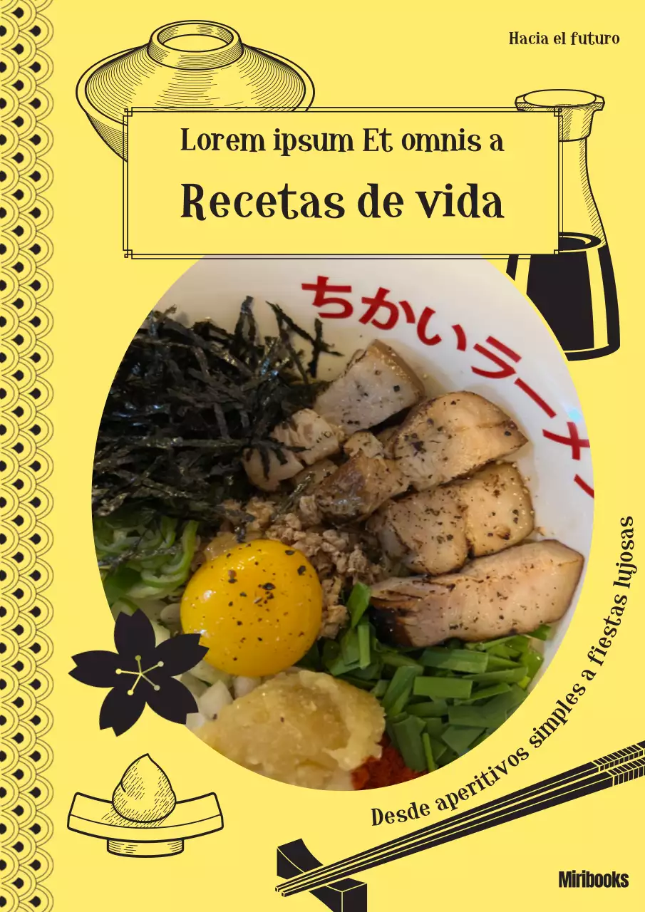 Recetas japonesas con ilustraciones lineales en color amarillo y blanco y negro