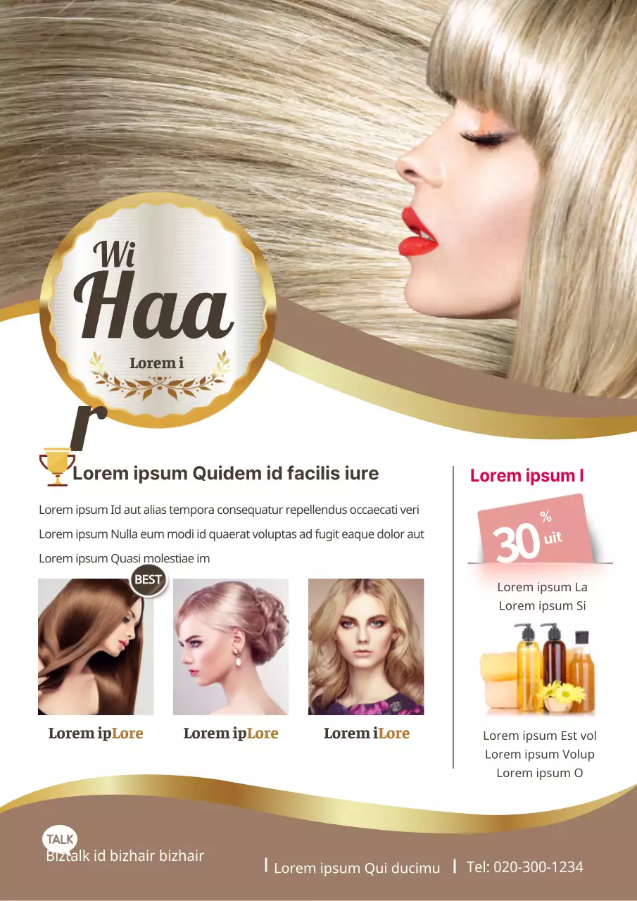 Een flyer voor een luxe kapsalon in gouden tinten.