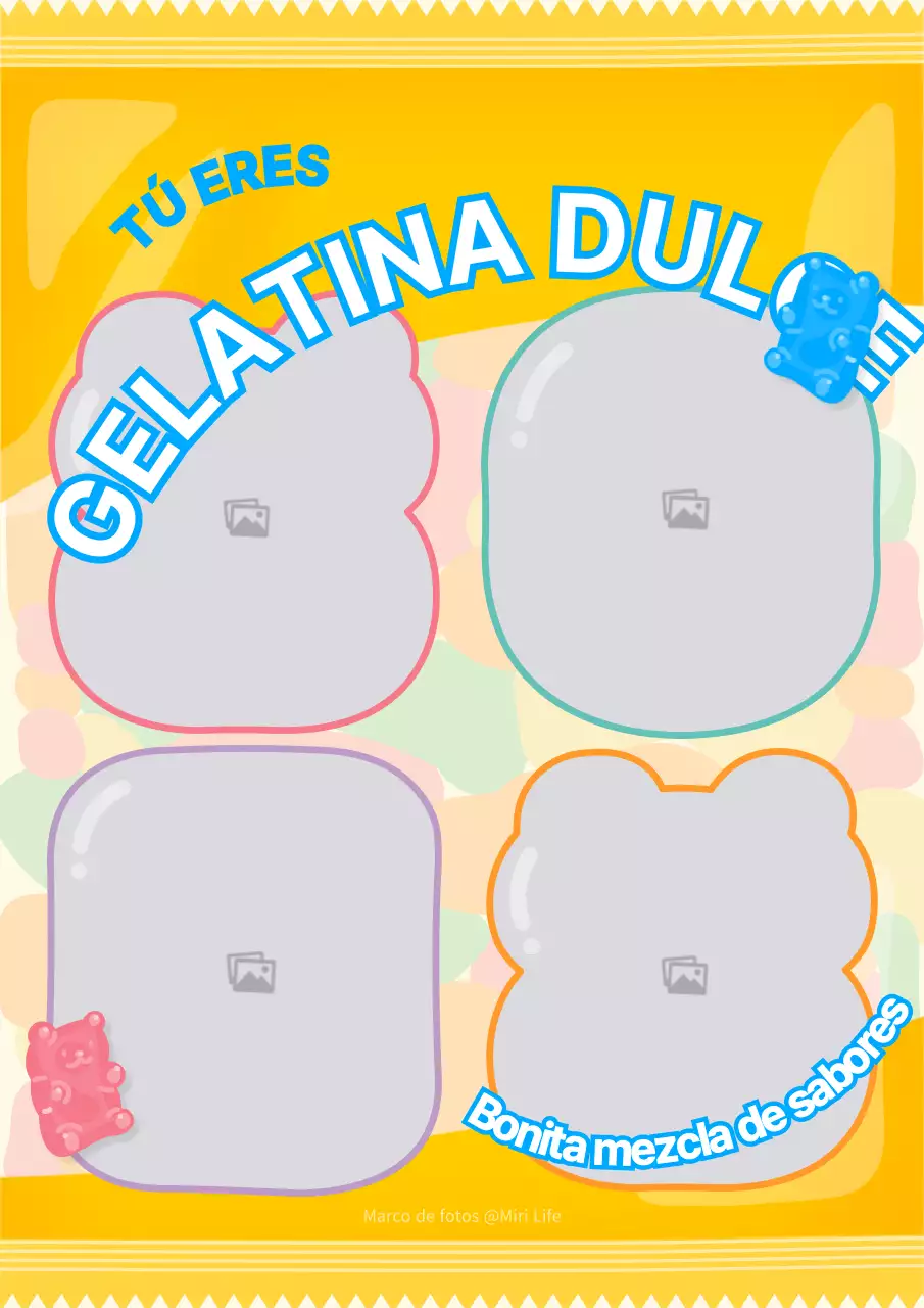 Un marco de fotos de cuatro colores con un bonito concepto de paquete de gelatina en amarillo y azul claro.