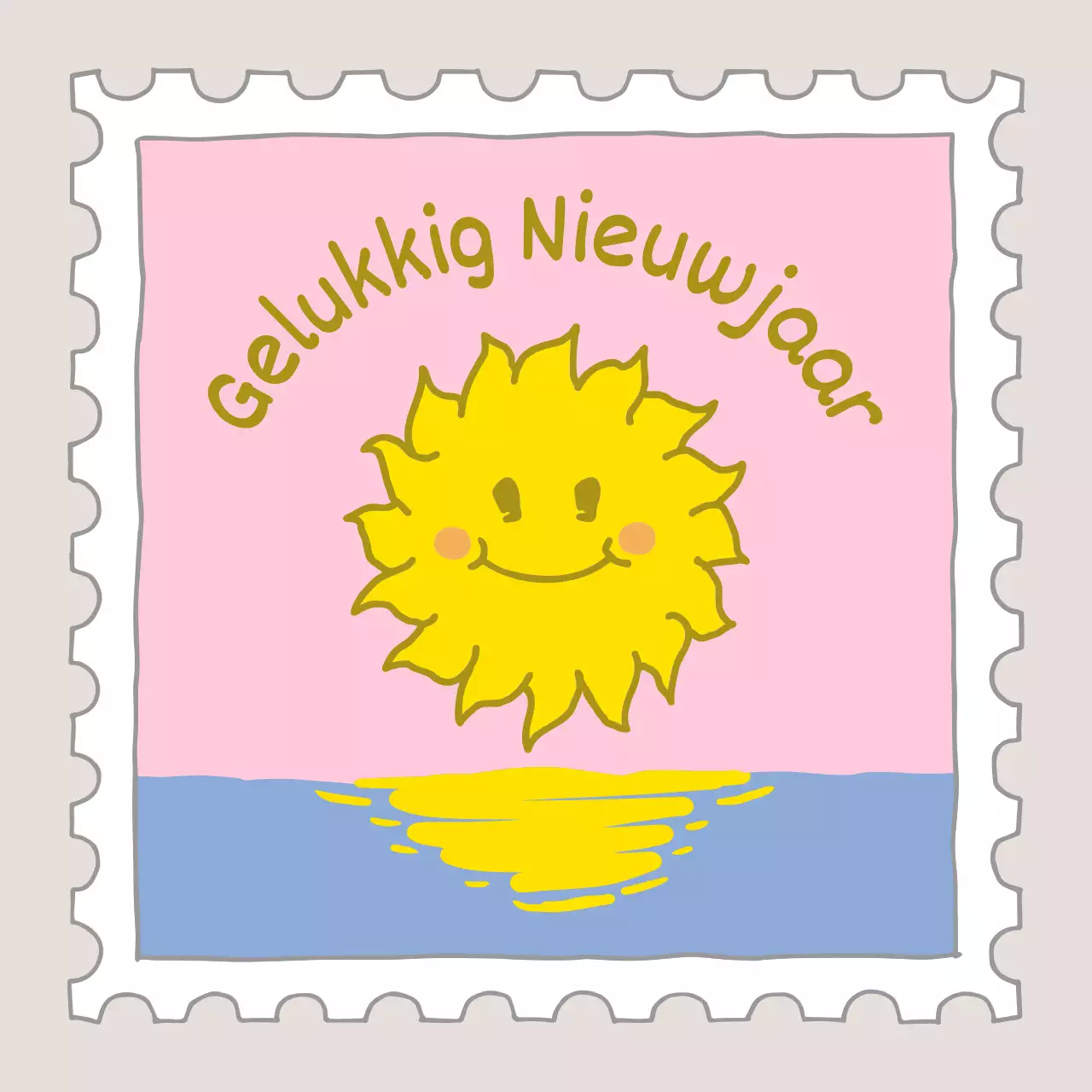 Nieuwjaarspostzegel met roze en gele zonillustratie