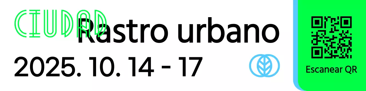 Cartel promocional con un anuncio de mercadillo verde cielo negro y varias ilustraciones de formas.
