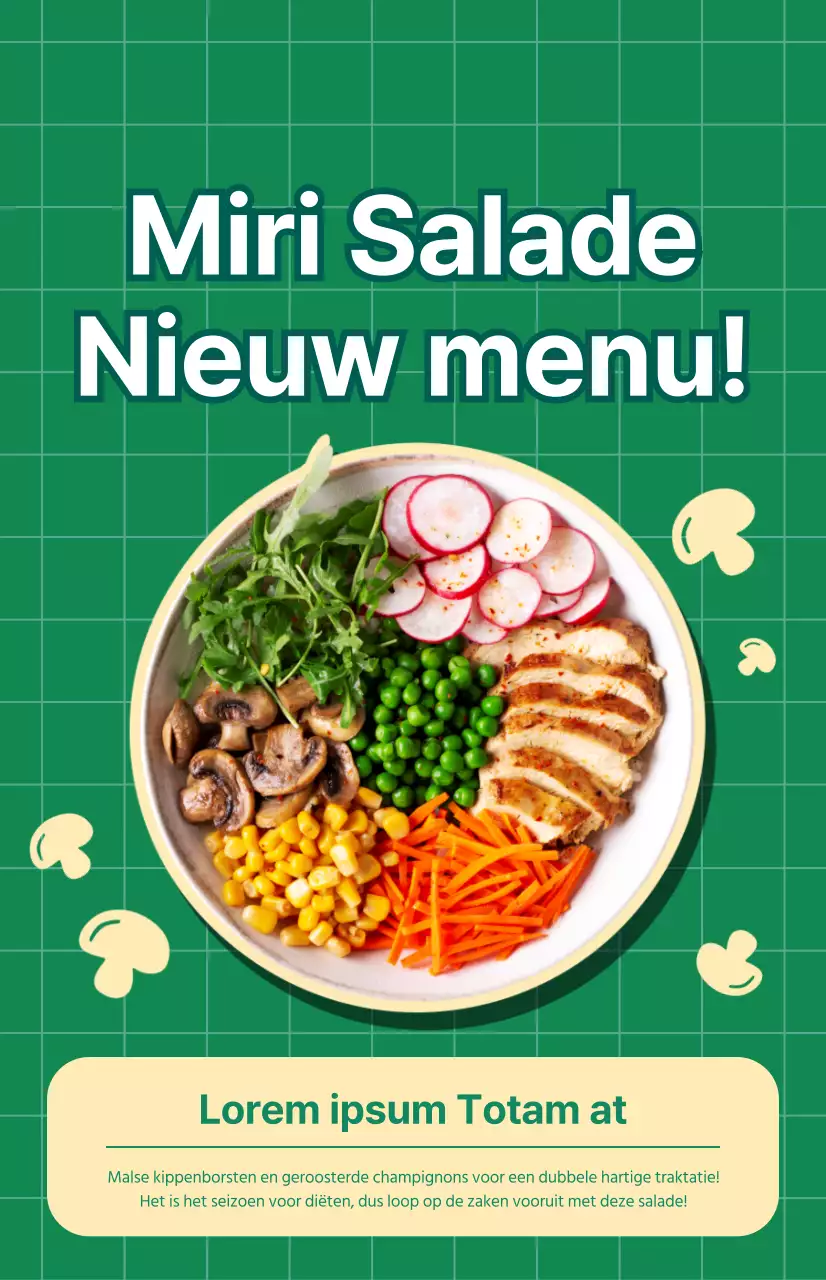 Promoot een nieuw salademenu met een groen geruite achtergrond