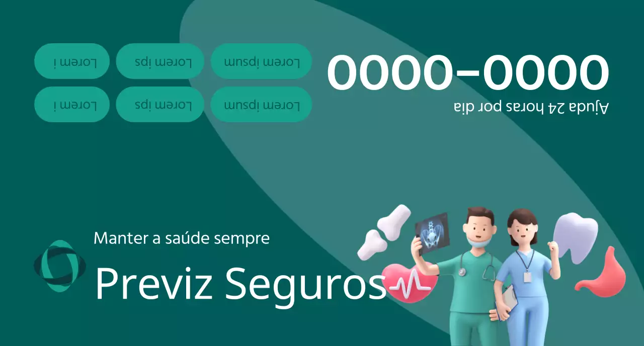 Uma peça promocional de uma companhia de seguros com ilustrações 3D em tons escuros e ícones de saúde.