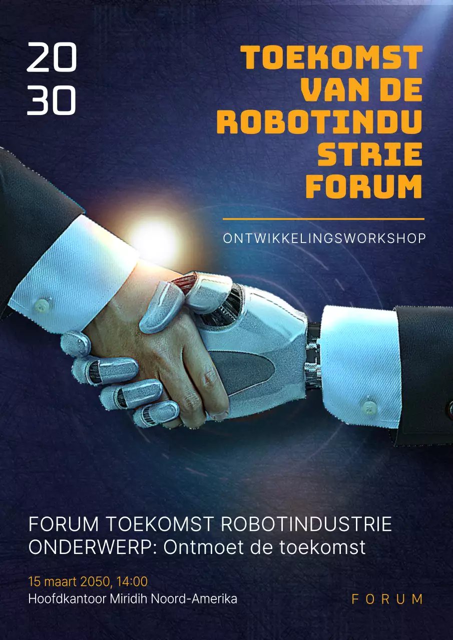 Robotics research forum poster met een robot en een mens die elkaar de hand schudden op een marineblauwe korrelige achtergrond.