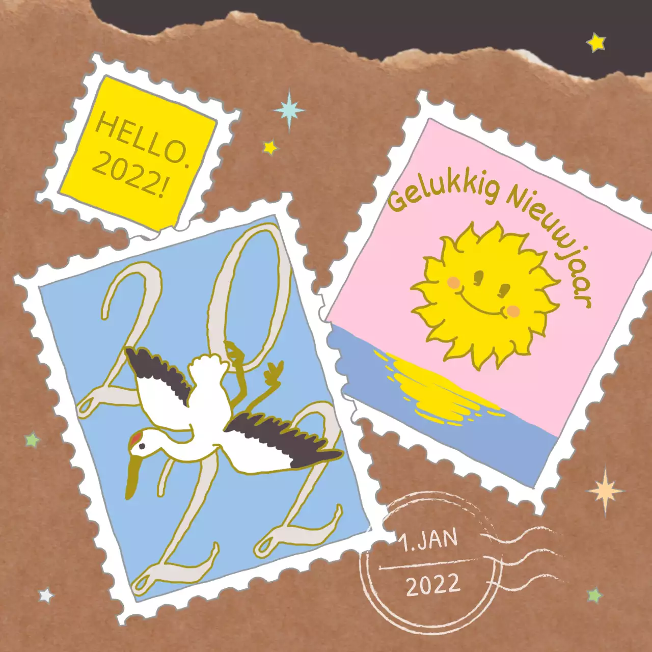 Nieuwjaarspostzegelcollage met schattige illustraties in roze lichtblauw bruin