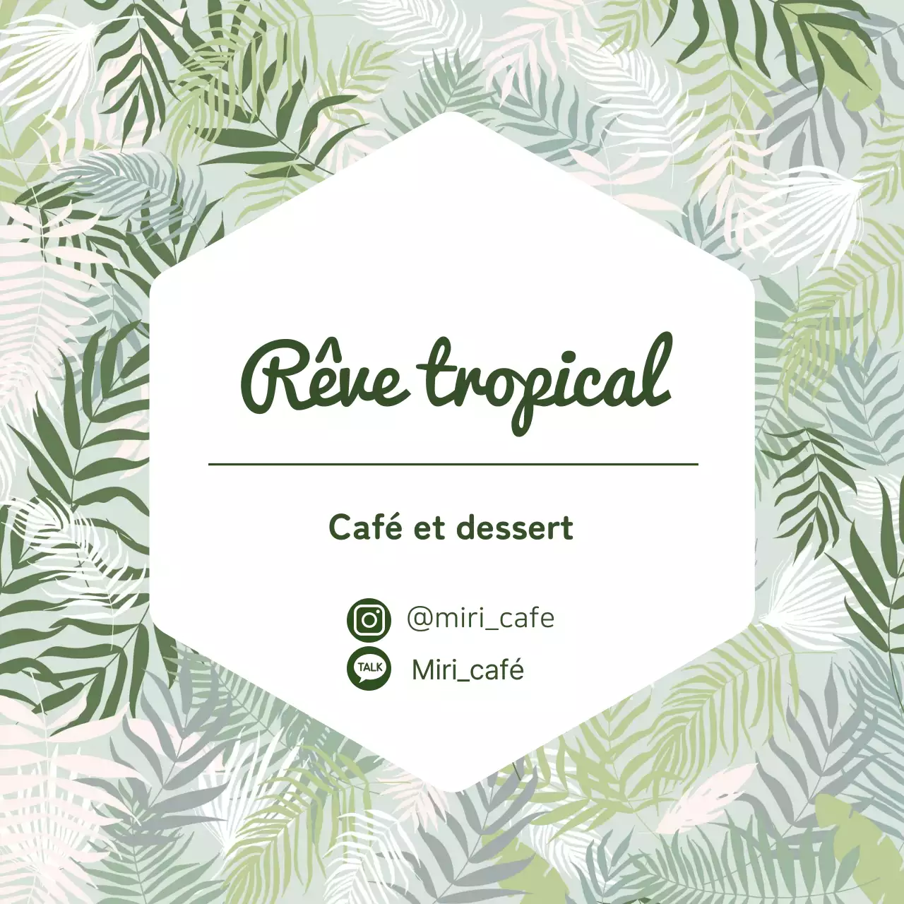 Étiquette promotionnelle pour cartes de visite de cafés, motif tropical vert