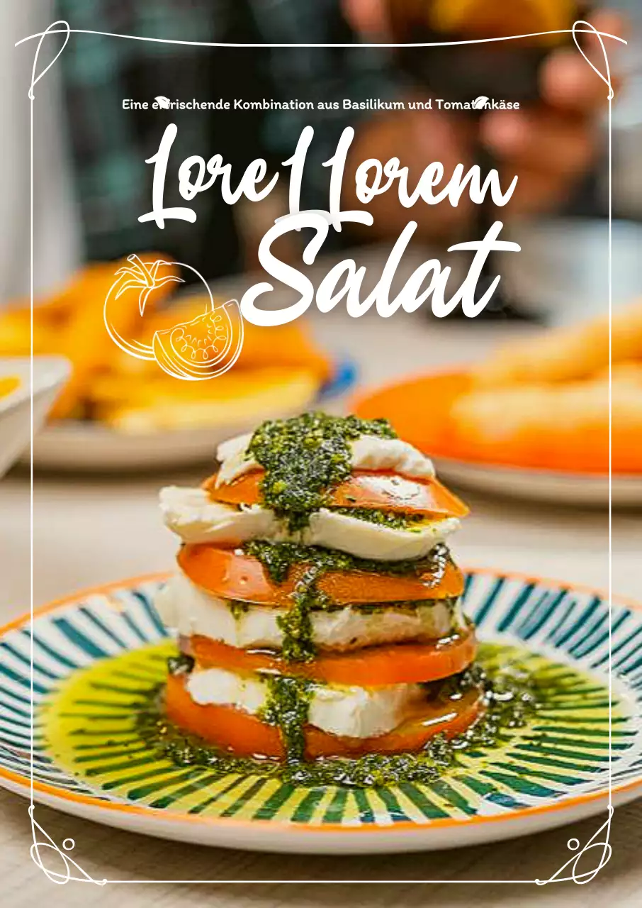 Die Speisekarte zeigt bunte Fotos von Salaten in einem stilvollen weißen Rahmen