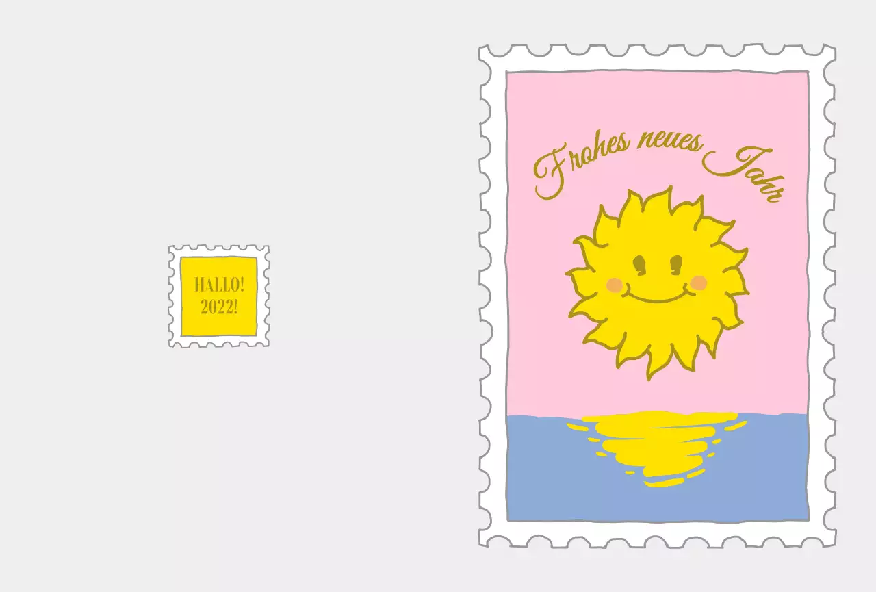 Neujahrsbriefmarke mit einer niedlichen rosa und gelben Sonnenillustration