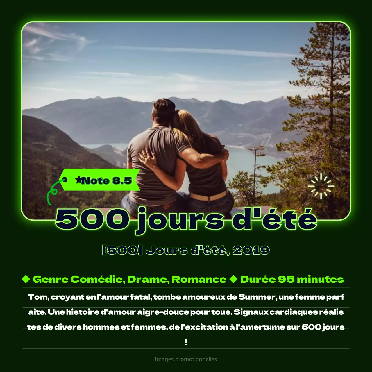 Recommandations de films pour les sorties nocturnes avec un fond bleu marine et des enseignes au néon