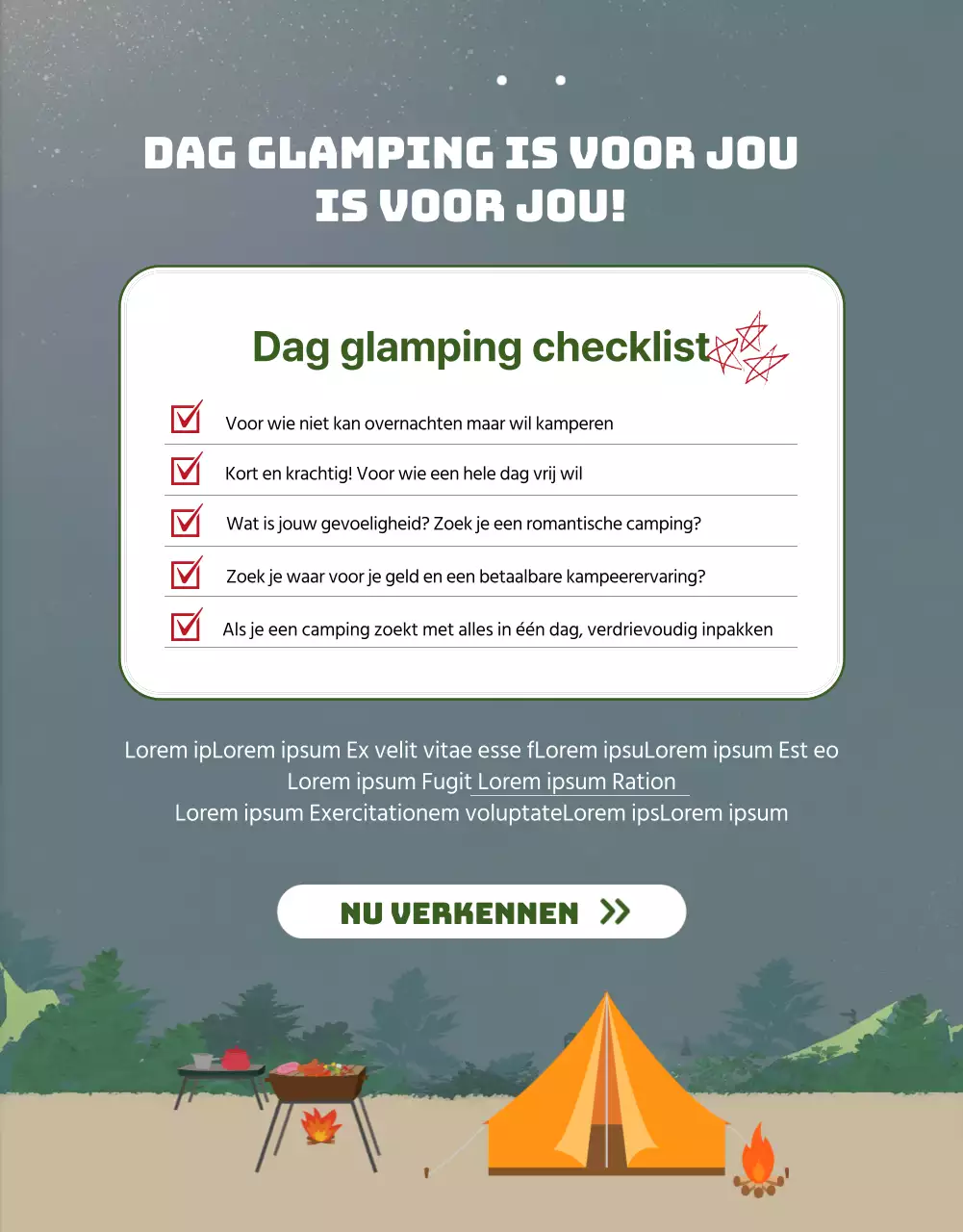 Eenvoudige groen geïllustreerde boekingspagina voor campings