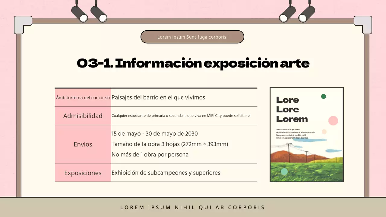 Propuesta de exposición de arte infantil minimalista en rosa y marrón