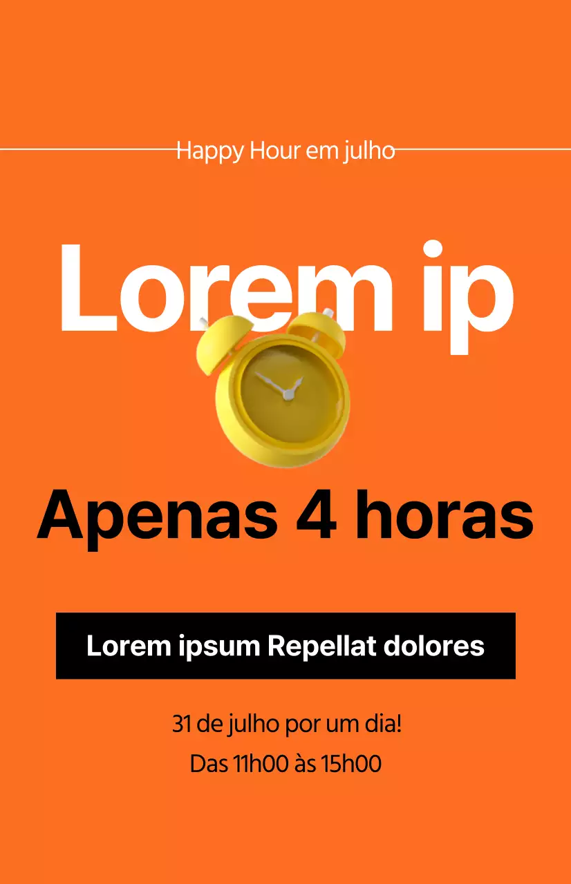 Uma promoção de saldos com uma imagem de um despertador sobre um fundo cor de laranja