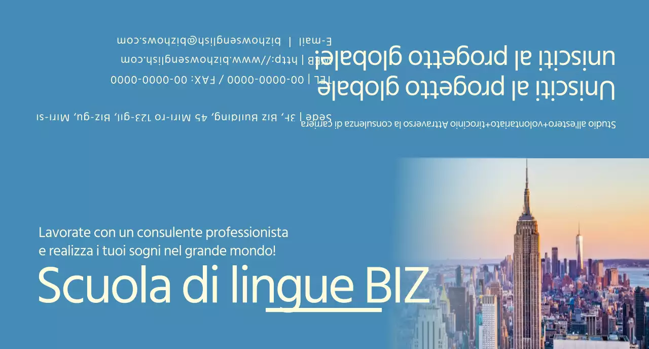 Promozione di una scuola di lingue con foto blu e gialle di paesaggi stranieri