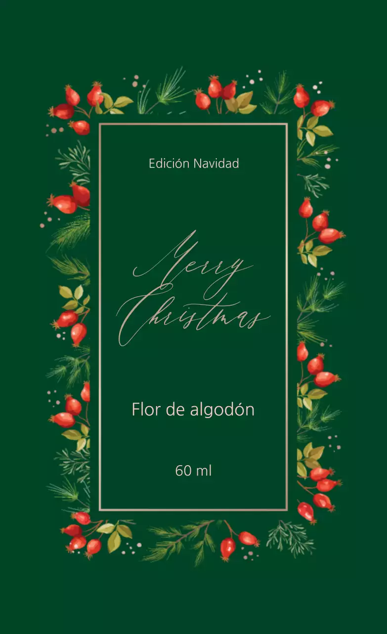 Ilustración verde caligrafía etiqueta de perfume navideño