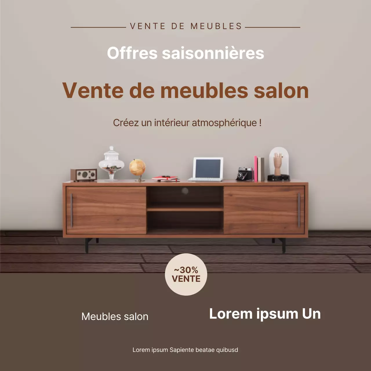 La photographie brune met en évidence la promotion d'un événement de mobilier d'intérieur soigné