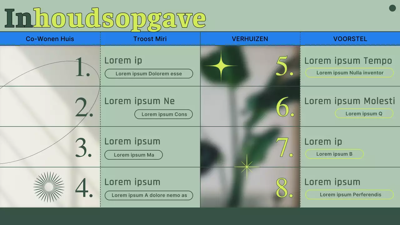 Voorstel voor een huis voor samenwonen met afgezwakte groene foto's en lijnen