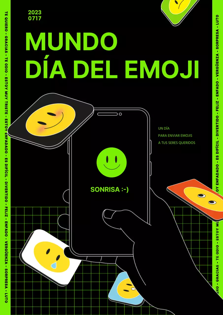 Icono retro verde lima negro Día Mundial del Emoji