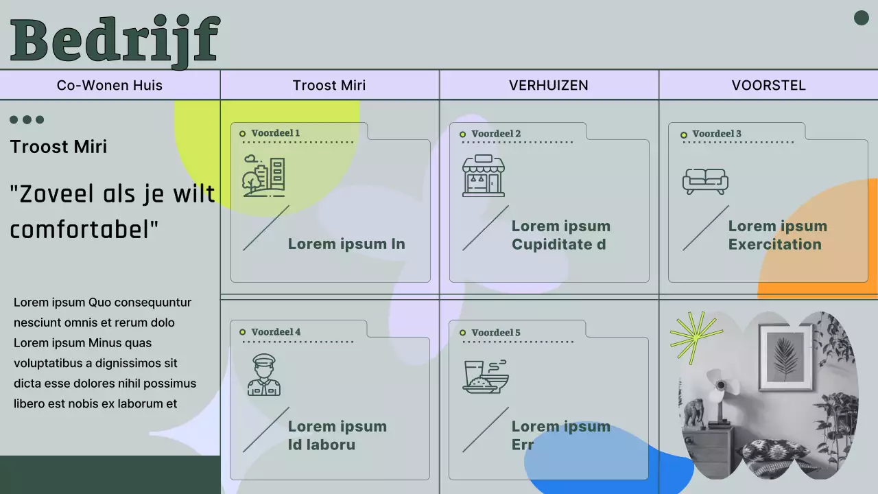 Voorstel voor een huis voor samenwonen met afgezwakte groene foto's en lijnen