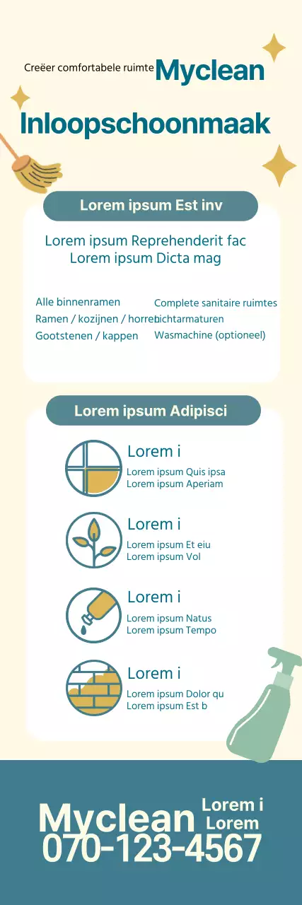 Blauw met gele illustratie ter promotie van een opgeruimde schoonmaakservice voor verhuizingen