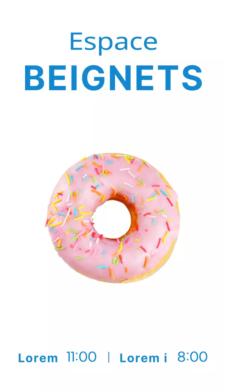 Un panneau d'affichage simple et coloré avec du texte et des photos concernant une vente de beignets.