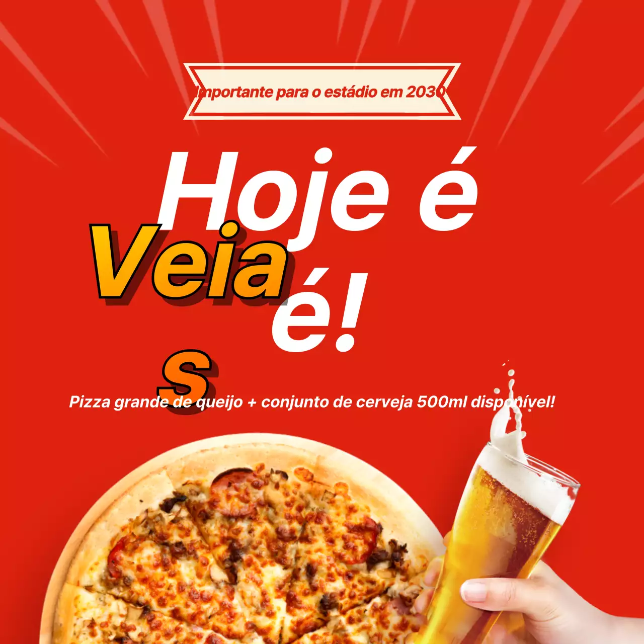 Promover um conjunto de animação de cerveja com pizza em vermelho