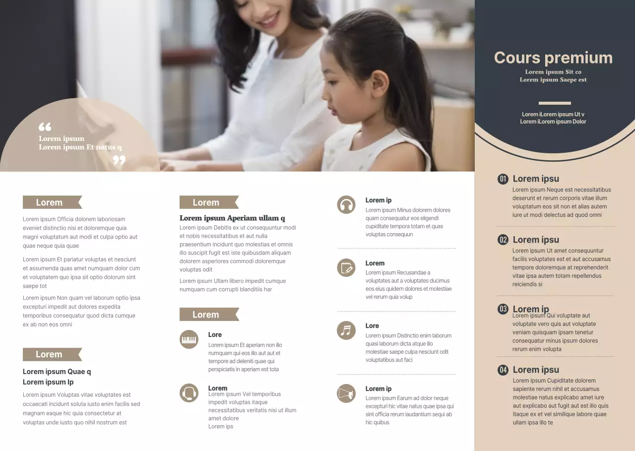 Un point de promotion de l'école de piano et des informations dans un style épuré